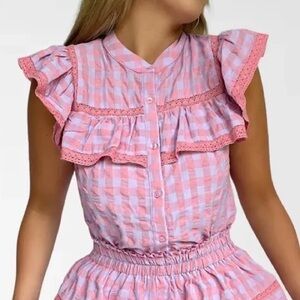 Day + Moon Pink Purple Gingham Check Ruffle Top